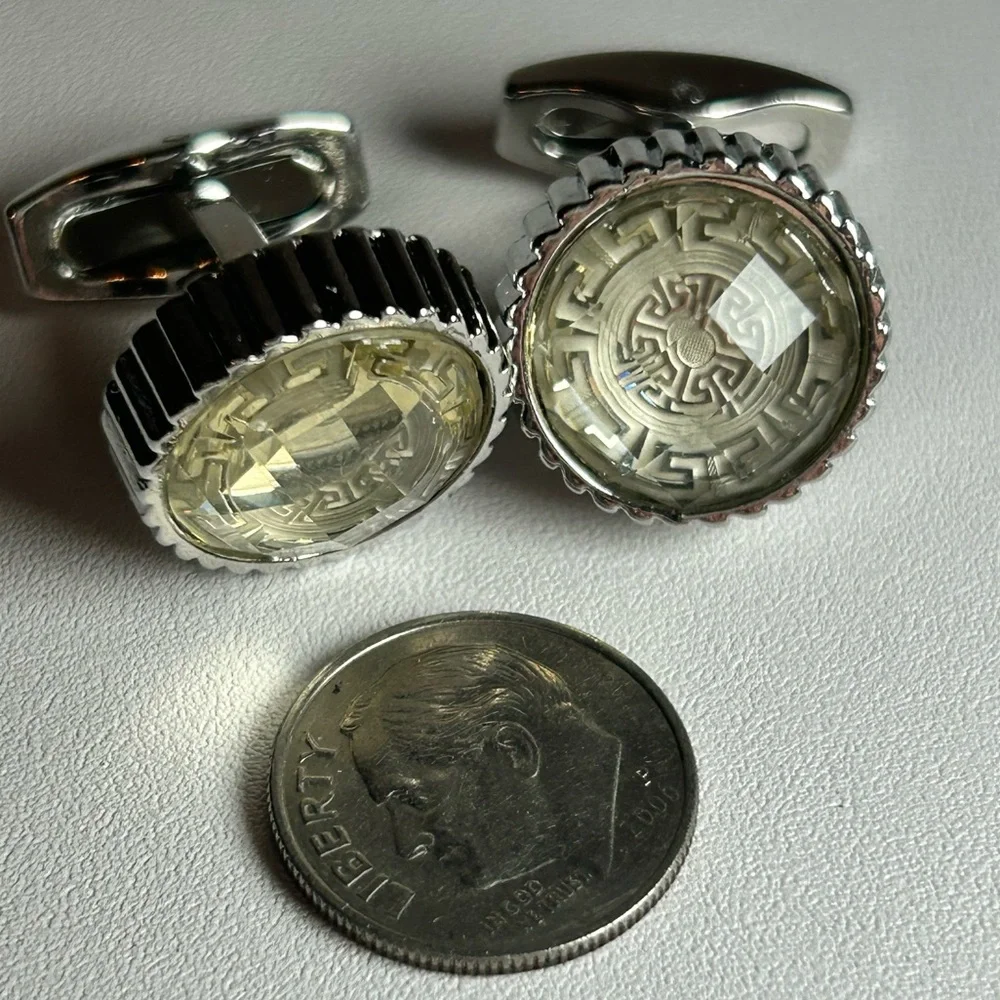 Elegant Vintage faceted glass cufflinks geometric Greek key design Silver tone